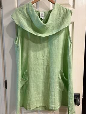 MATCH POINT USA Green Linen Cowl Neck Top Size 2X Lagenlook Summer Artsy Tunic